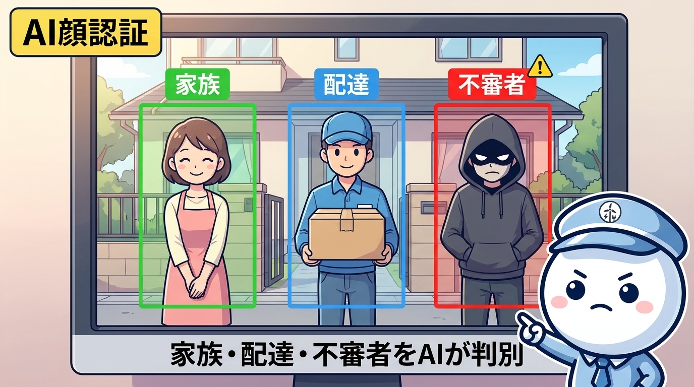 家族（緑枠）・配達（青枠）・不審者（赤枠）をAIが自動判別するイメージ