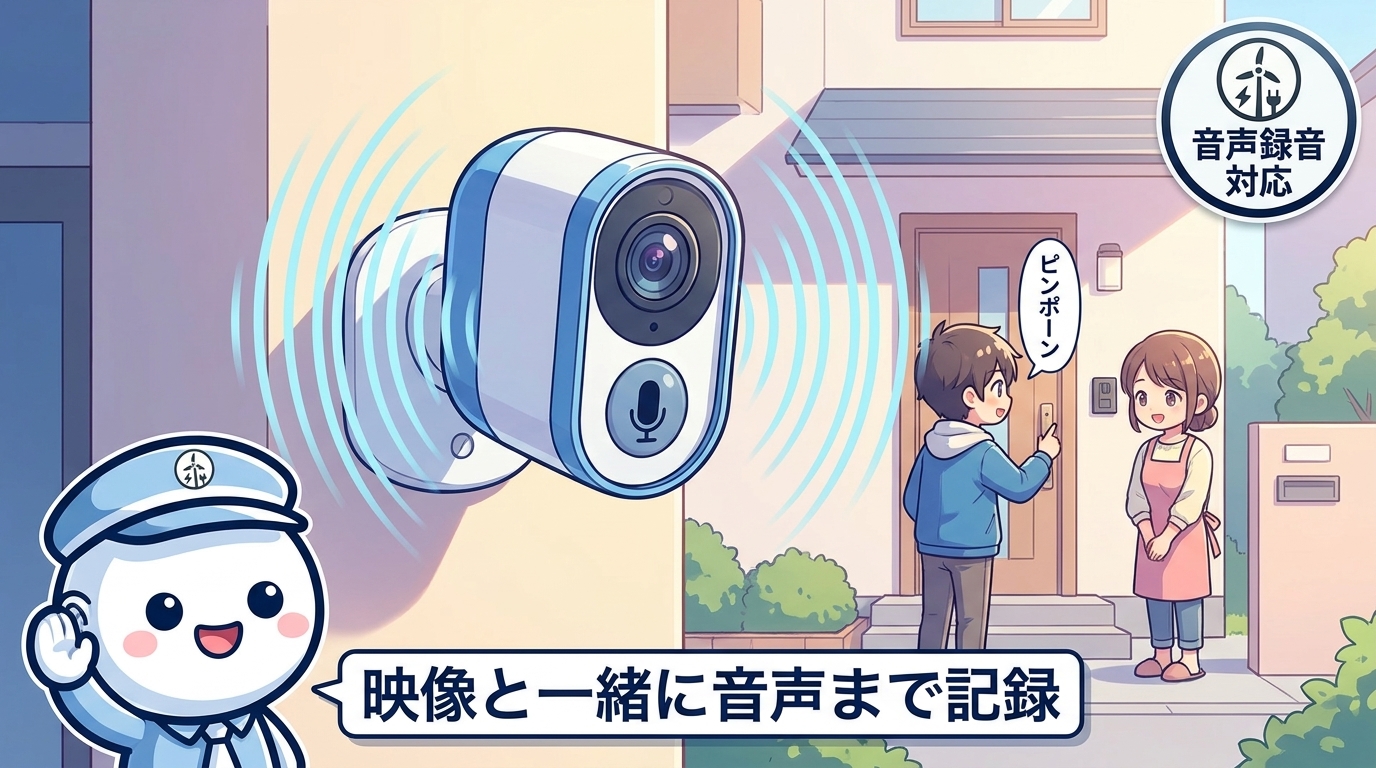 マイク内蔵カメラが玄関先の会話まで音声と一緒に記録するイメージ