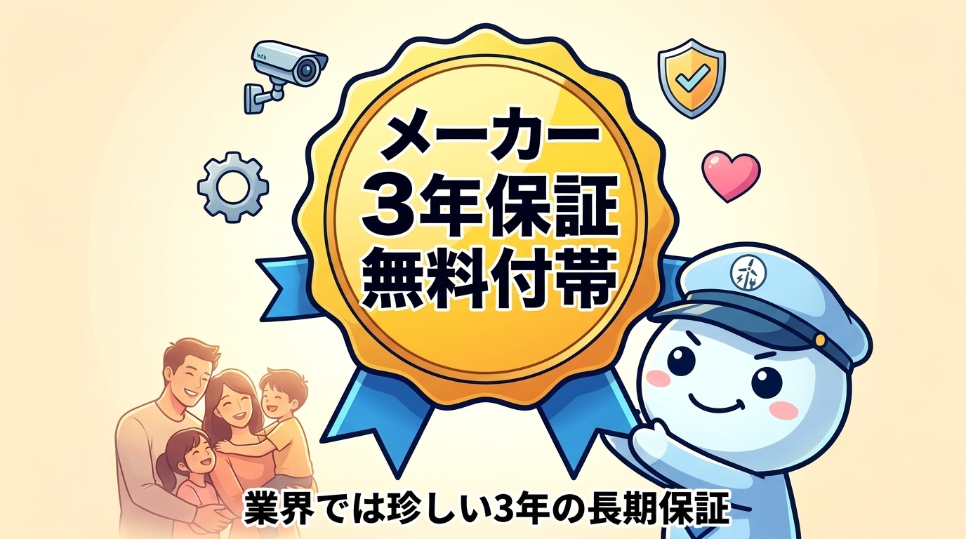 メーカー3年保証無料付帯のゴールドバッジと家族の安心イメージ
