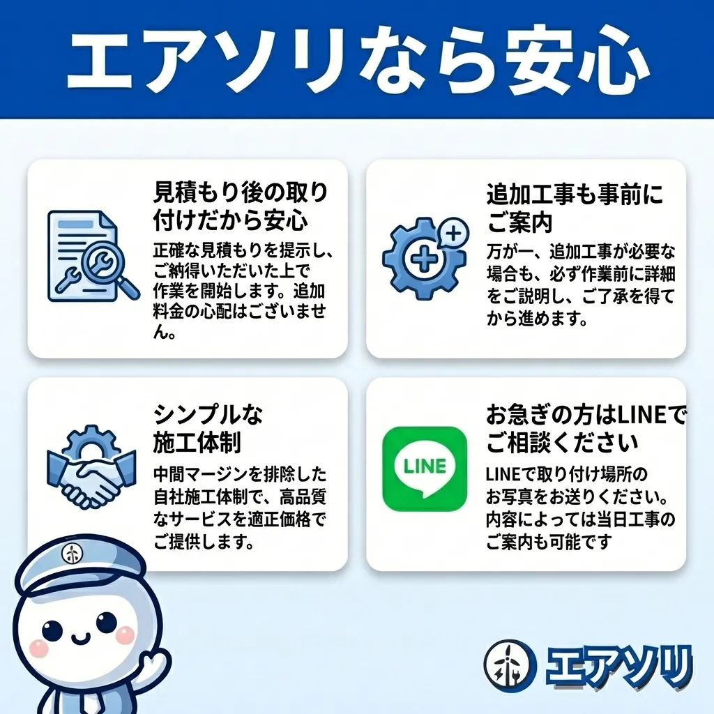 エアソリなら安心 - 見積もり後の取り付け・追加工事も事前案内・シンプルな施工体制・お急ぎの方はLINE相談