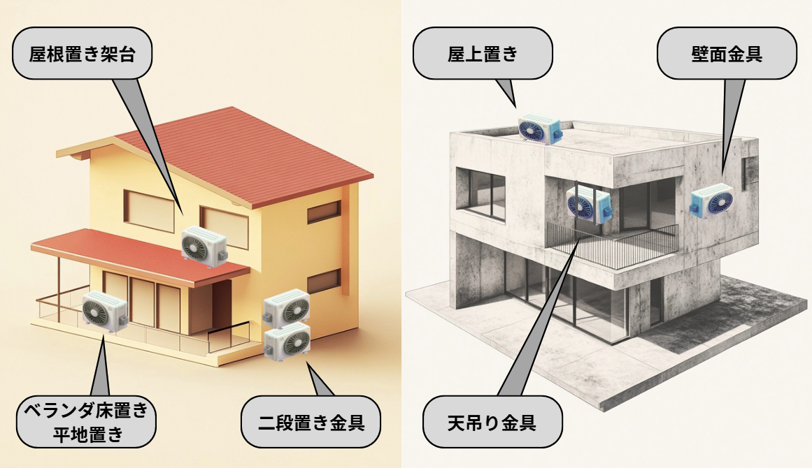室外機の置き方の例（平地置き・ベランダ・屋根置き・天吊り・二段置き・通路置きなど）